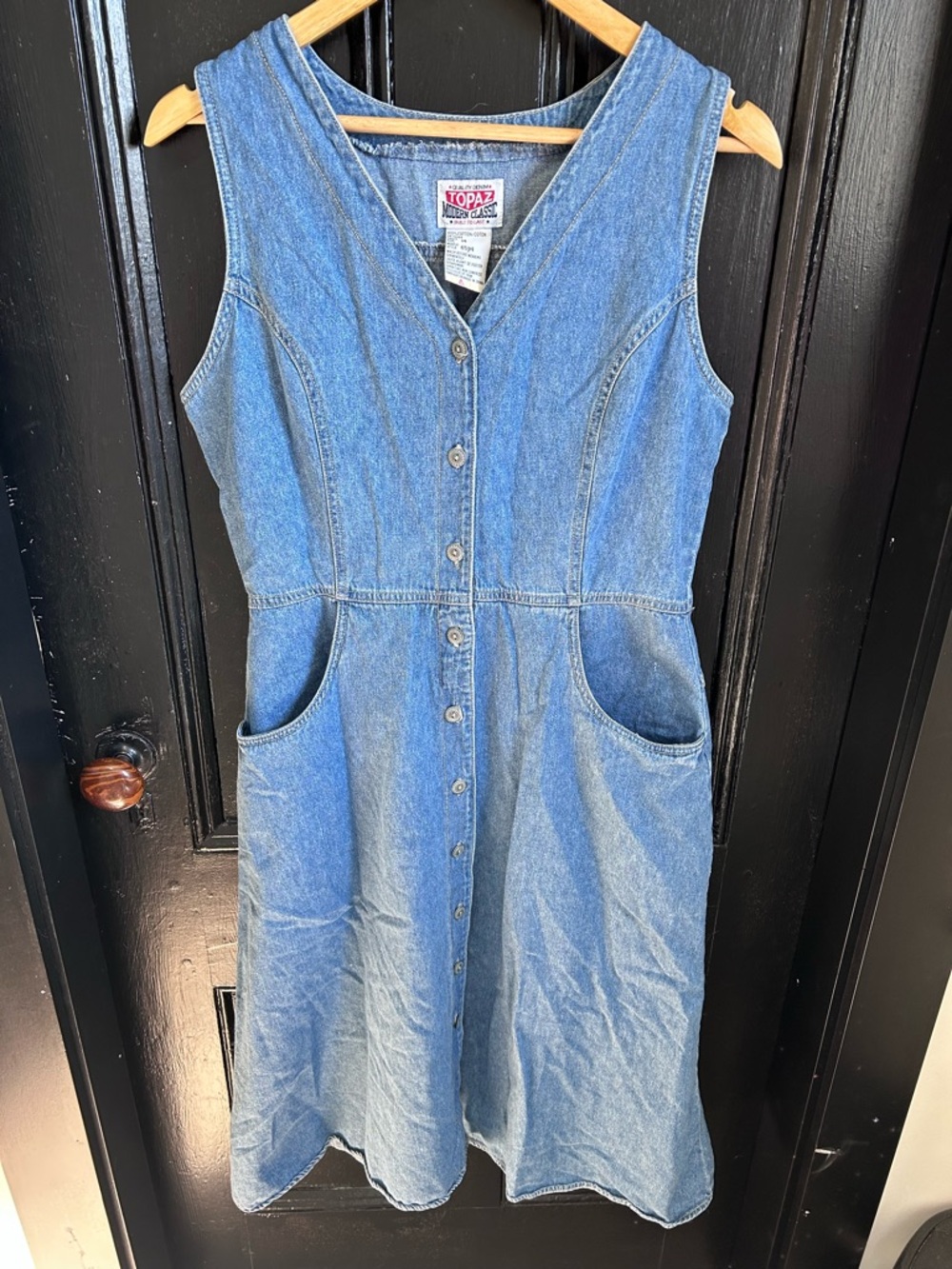 Vintage-Blue Denim Button-Front Dress w. Pockets - Picture 5 of 9